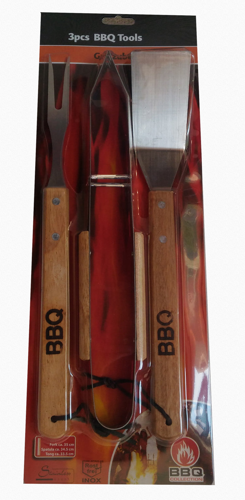 Set 3 ustensile gratar, Metal+Lemn, 33,5x6 cm