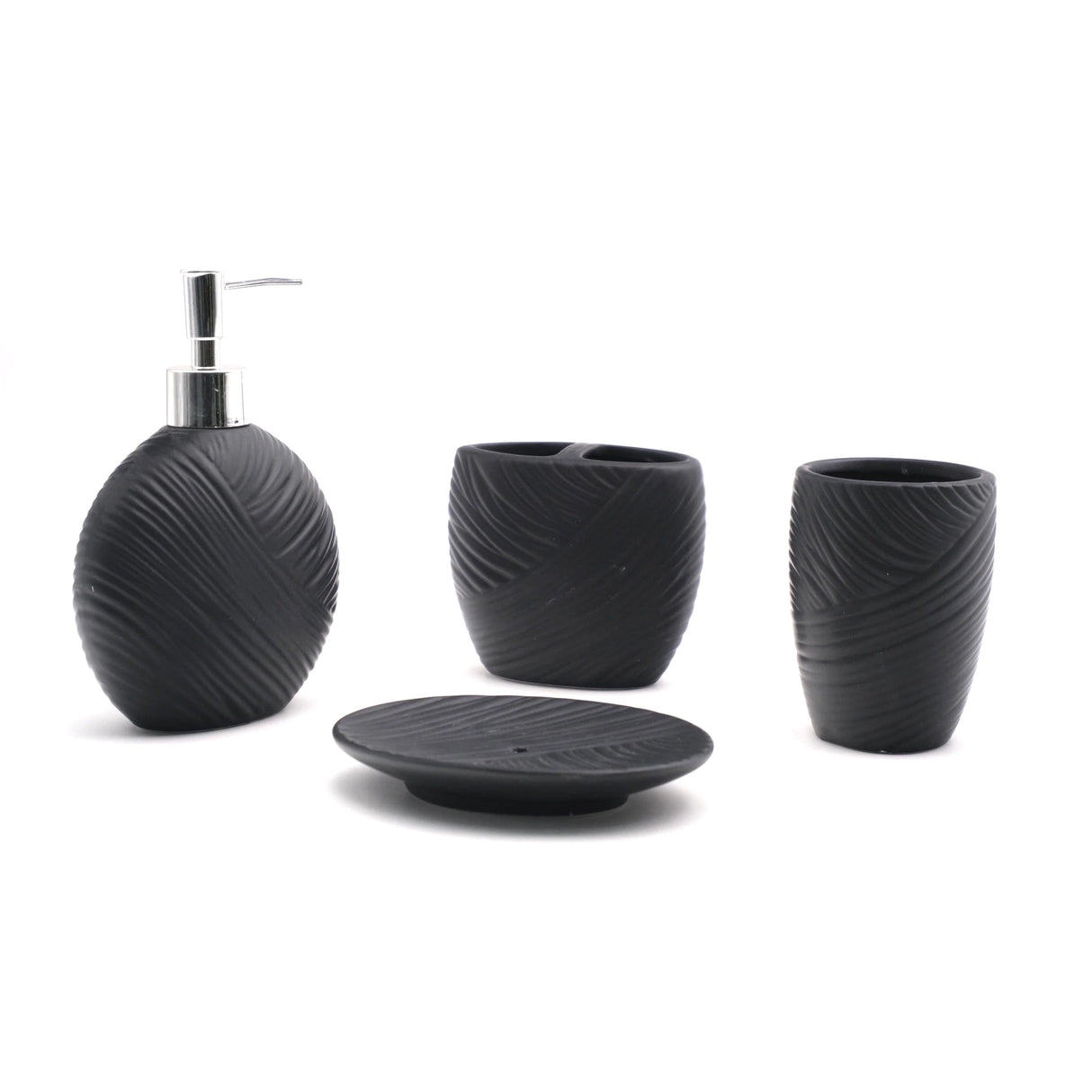 Set 4 Accesorii pentru Baie din Ceramica, savoniera, dozator sapun, pahare, periuta de dinti, pasta, sapun lichid, culoare negru, alb