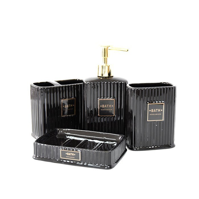 Set 4 Accesorii pentru Baie din Ceramica, savoniera, dozator sapun, pahare, periuta de dinti, pasta, sapun lichid, culoare negru, alb