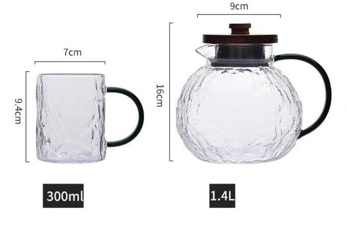 Set Ceainic cu Capac Lemn 1.4 litri si 2 Cani din Sticla Rezistenta 300 ml
