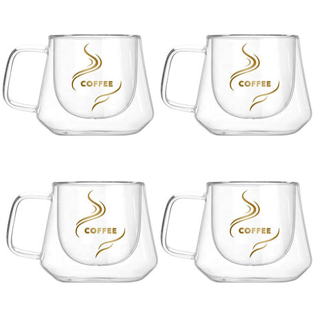 Set 4 cesti Cafea 200 ml, din Sticla cu pereti dubli, Termorezistenti, 13x10x7.5 cm