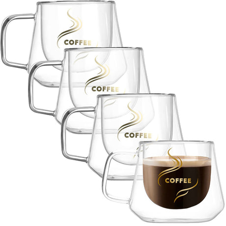 Set 4 cesti Cafea 200 ml, din Sticla cu pereti dubli, Termorezistenti, 13x10x7.5 cm