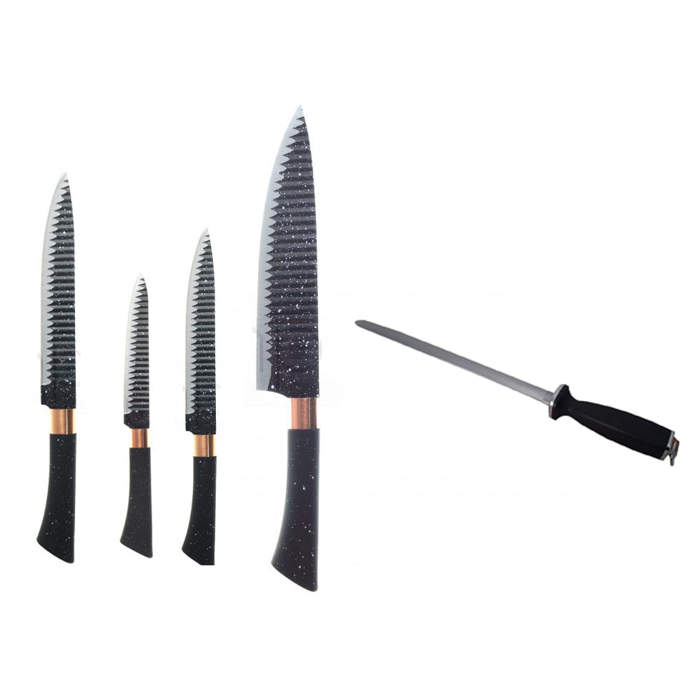 Set 4 cutite de Bucatarie si un Masat pentru ascutirea acestora, Metal si Plastic
