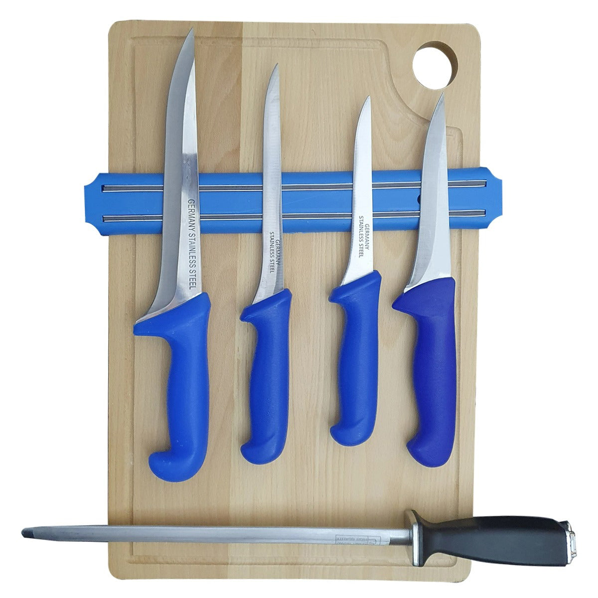 Set 4 cutite Macelarie, Suport Magnetic si Masat