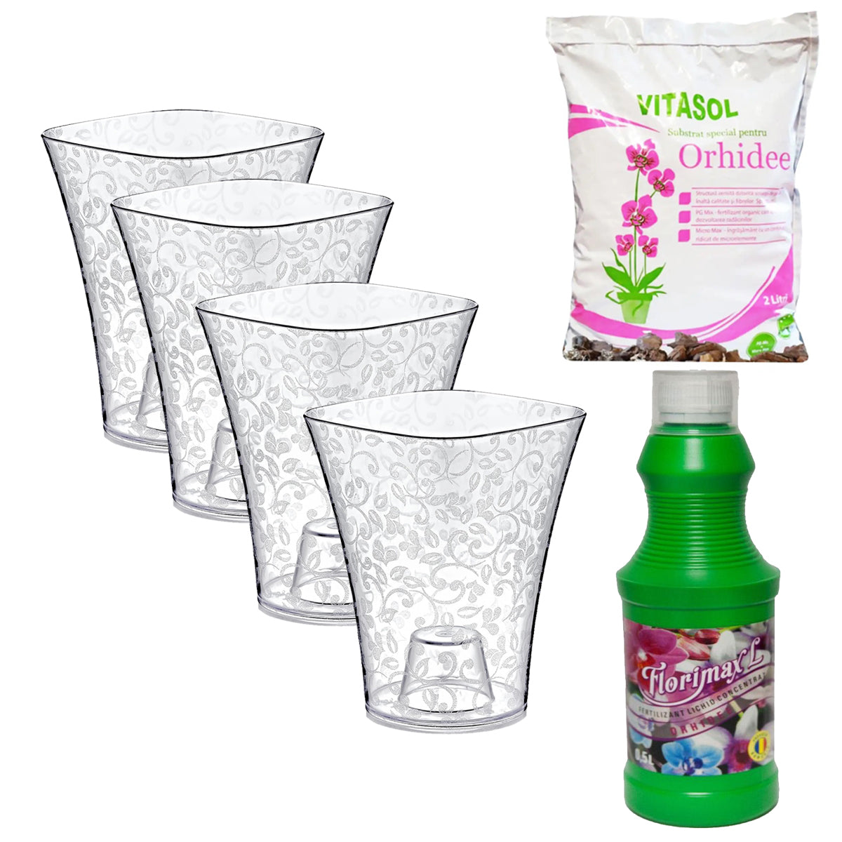 Set 4 ghivece Orhidee cu Substrat Vitasol pentru Plantare si Ingrasamant Lichid Florimax