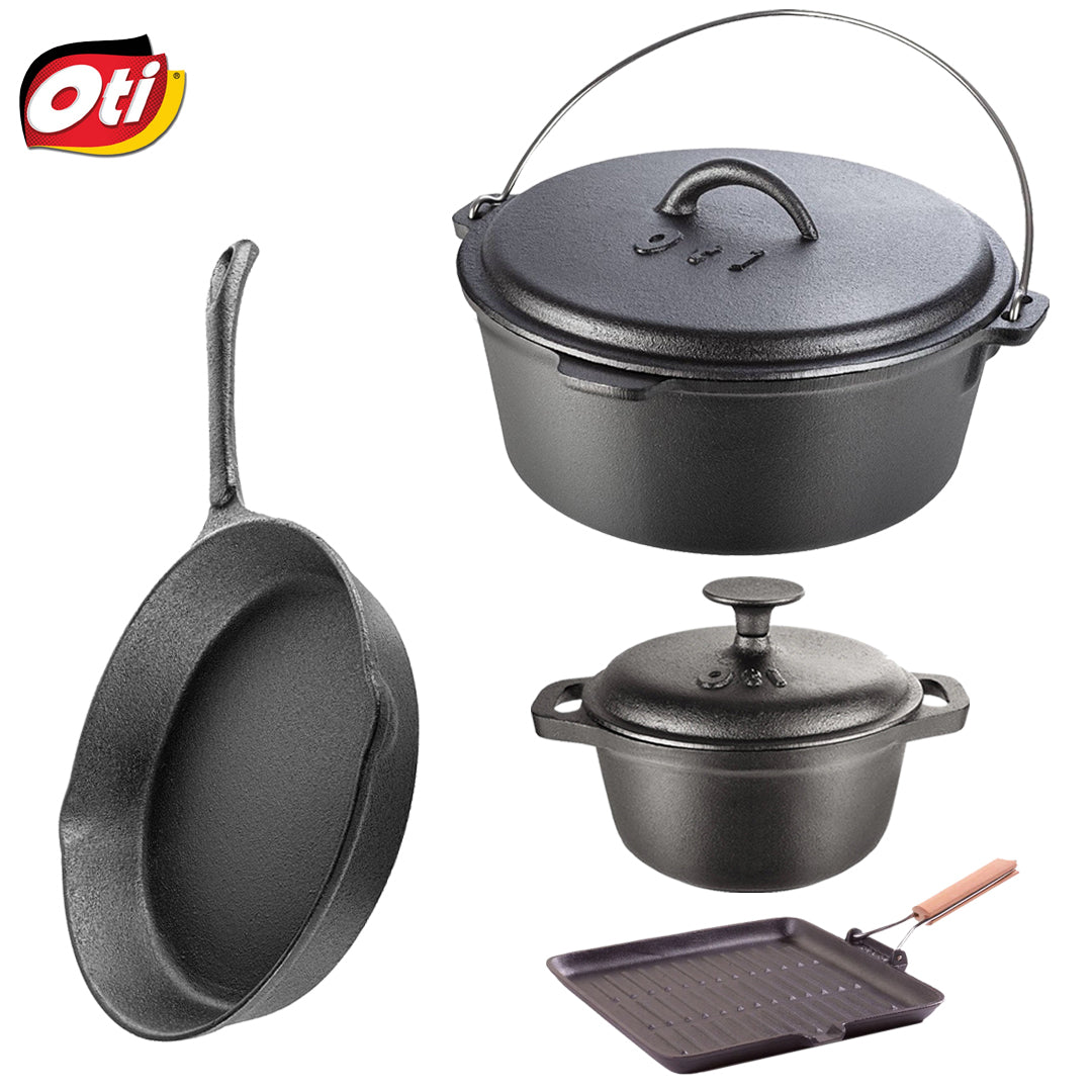 Set 4 produse din fonta pura, Tuci 24 cm, Vas pentru gatit Cocotte Oti 18 cm, Tigaie Oti 24 cm, Grill Oti 22 cm