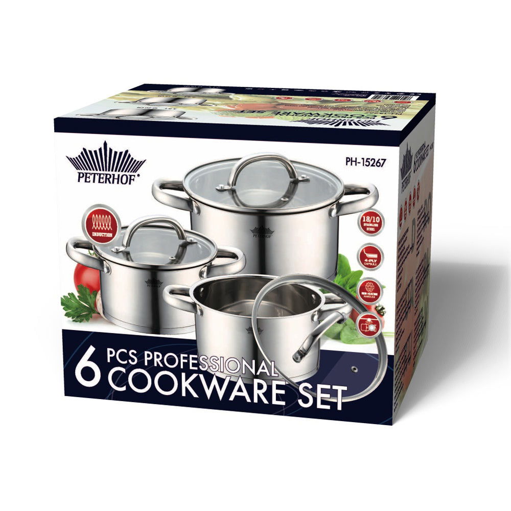 Set 3 oale de inox cu capac, 6 piese cu fund in 4 straturi, Peterhof PH-15267