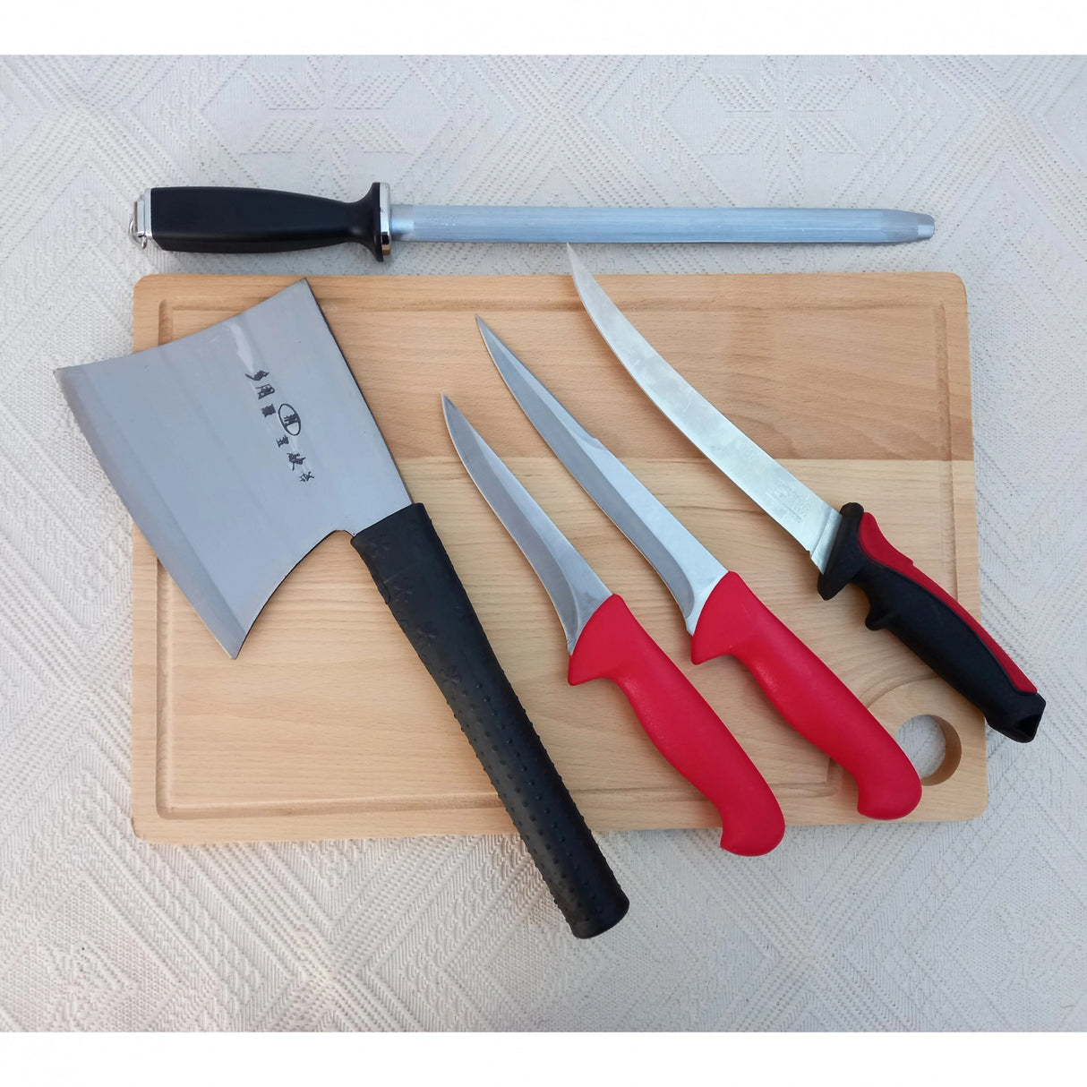 Set 5 Piese - 3 cutite Macelarie, Masat si Satar