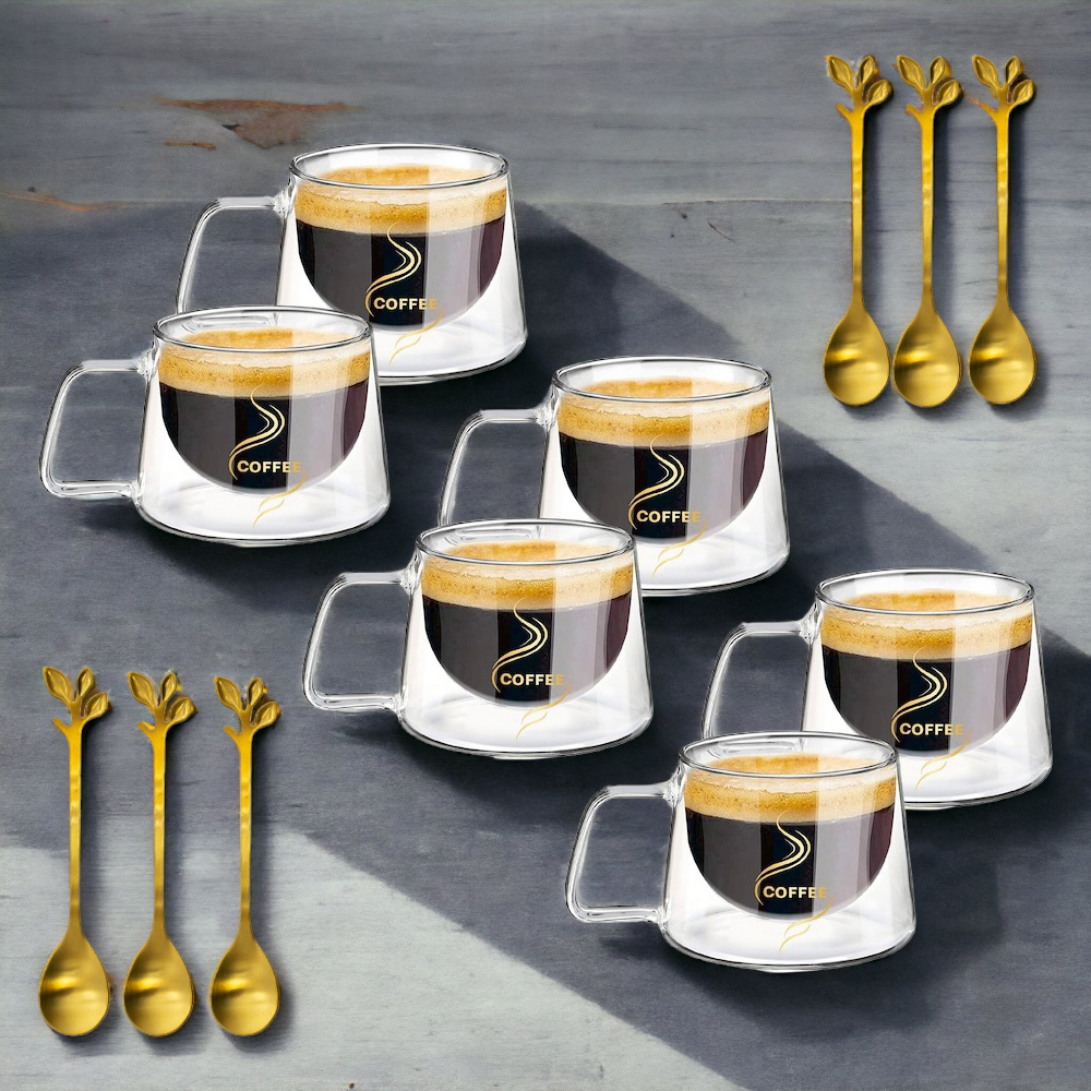 Set 6 cesti Cafea 200 ml, din Sticla cu pereti dubli, Termorezistenti, cu 6 Lingurite aurii