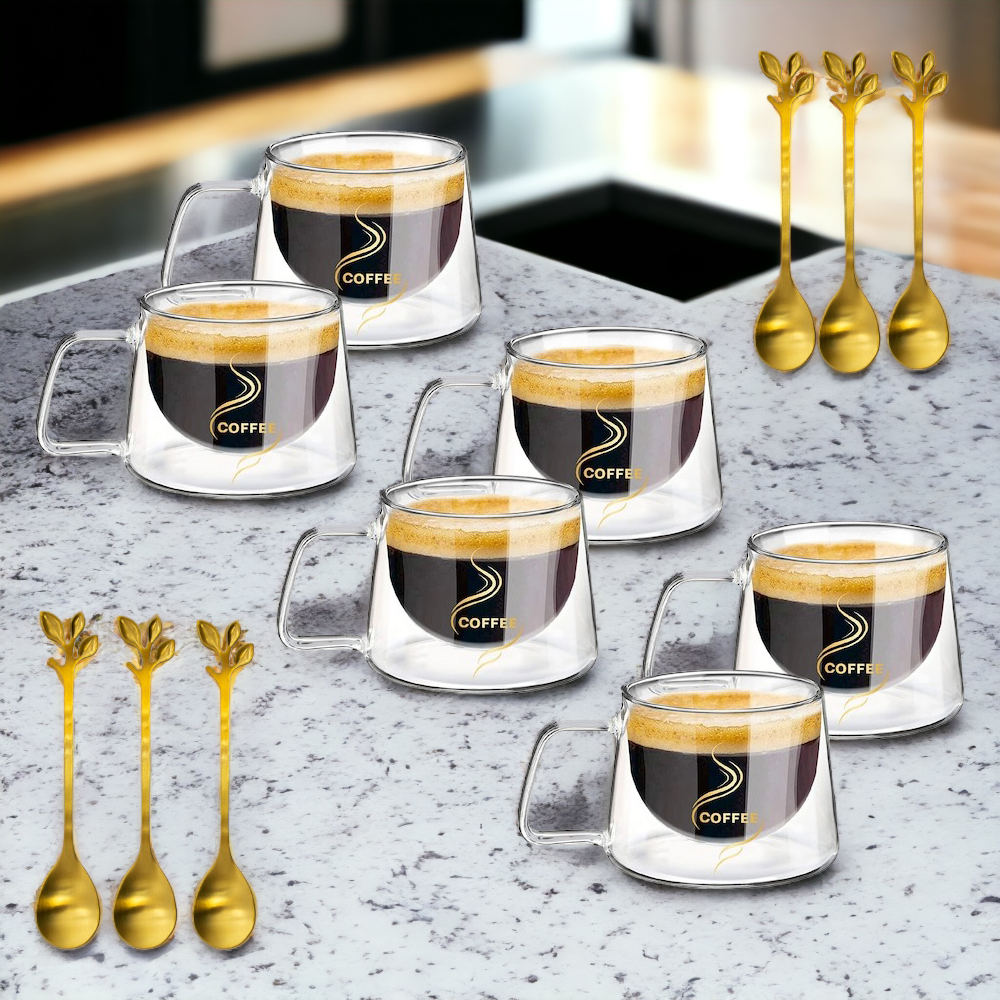Set 6 cesti Cafea 200 ml, din Sticla cu pereti dubli, Termorezistenti, cu 6 Lingurite aurii