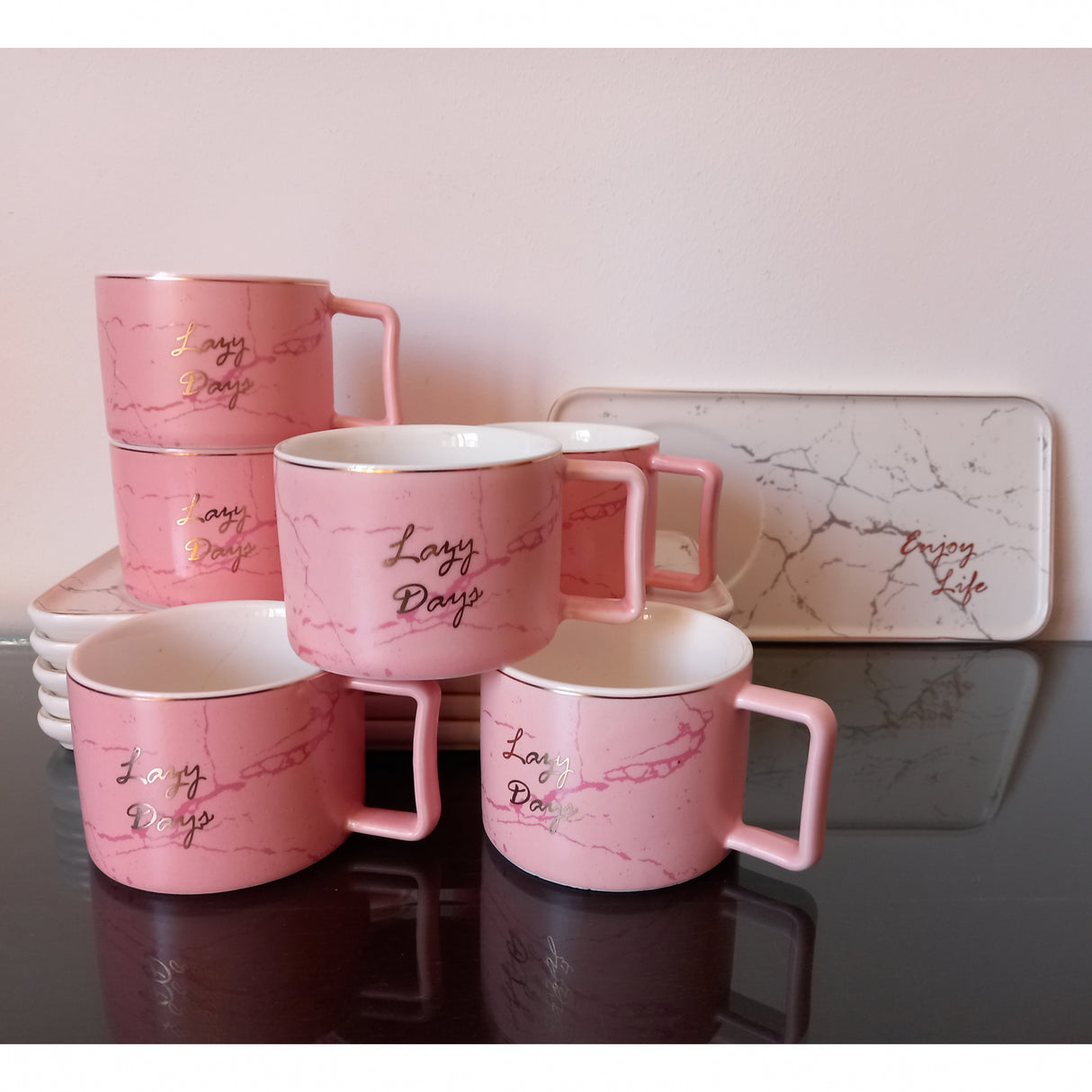 Set 6 cesti Cafea sau Ceai cu farfurioare incluse, Ceramica fina, Model Marmura