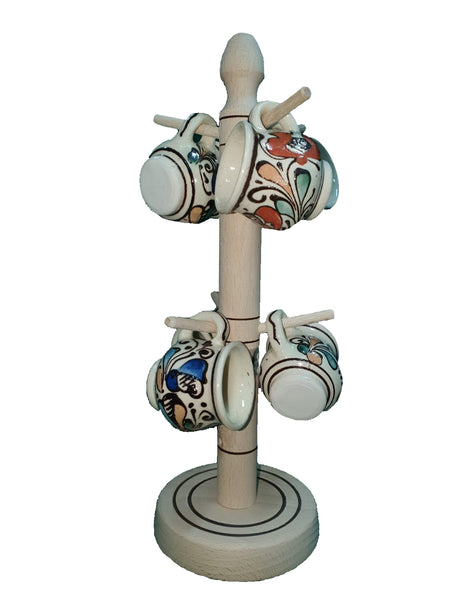 Set 6 Cesti Traditionale de Tuica din Ceramica Cu Suport din Lemn