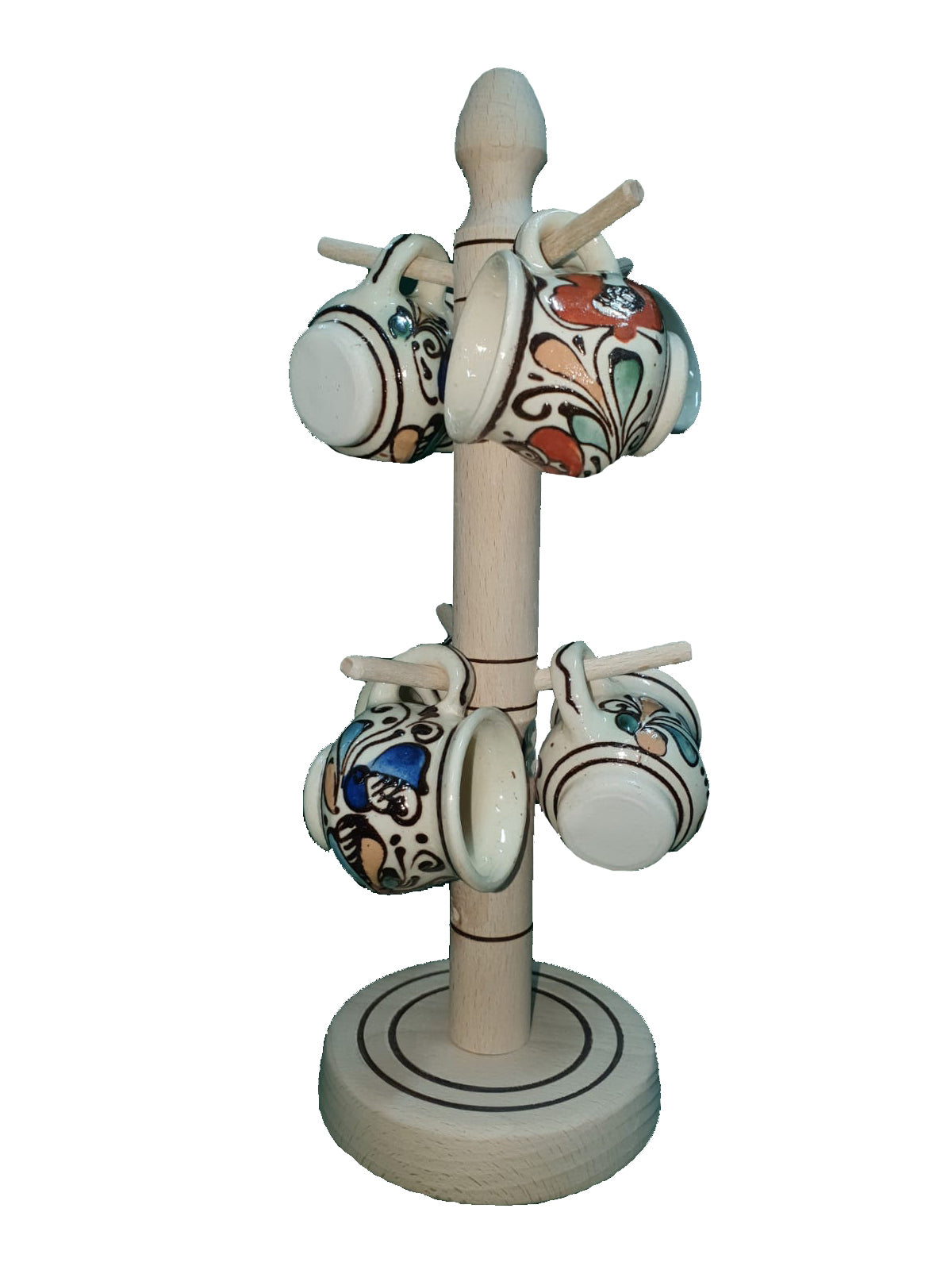 Set 6 Cesti Traditionale de Tuica din Ceramica Cu Suport din Lemn