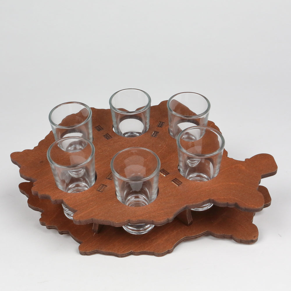 Set 6 pahare 50 ml pe suport din Lemn 23x15 cm, Model Harta Romaniei