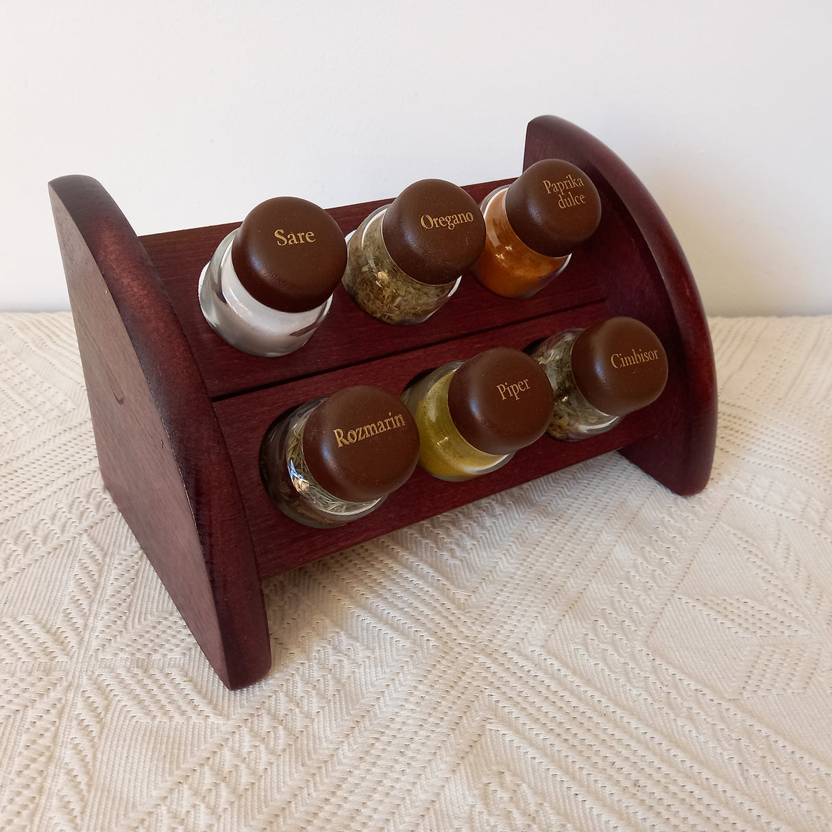 Set 6 Recipiente Condimente, Suport Din Lemn, Maro Inchis, 22x12 cm