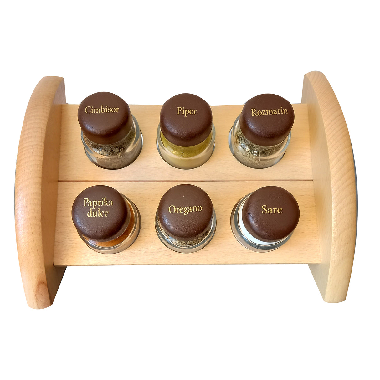 Set 6 Recipiente Condimente, Suport Din Lemn, 22x12 cm