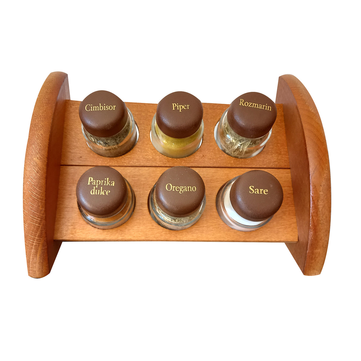 Set 6 Recipiente Condimente, Suport Din Lemn, 22x12 cm