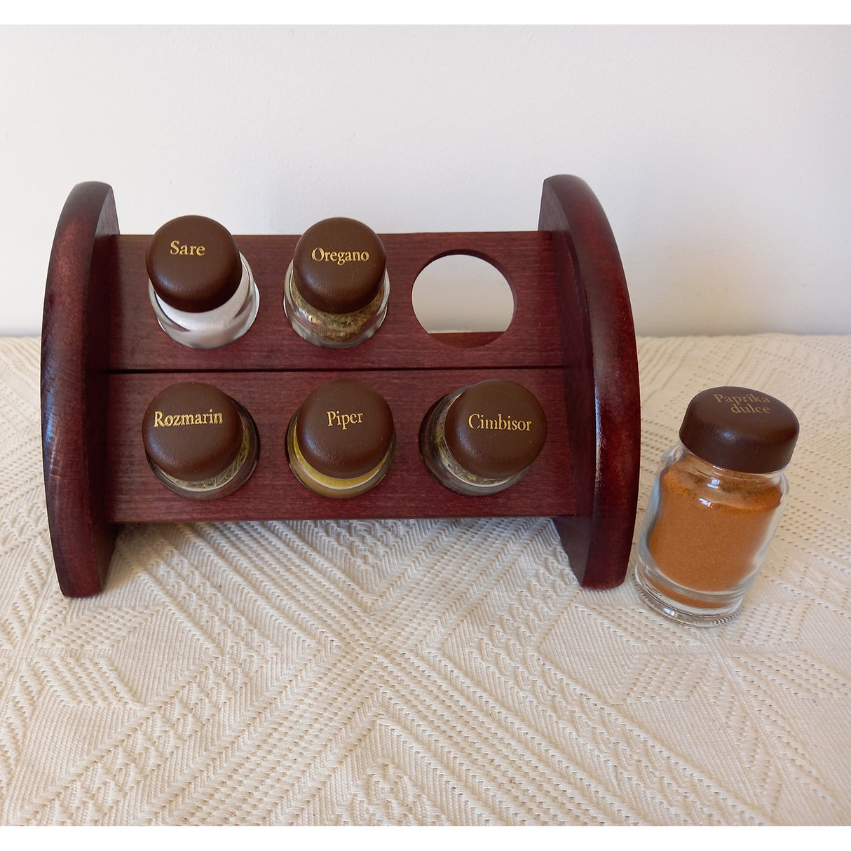 Set 6 Recipiente Condimente, Suport Din Lemn, Maro Inchis, 22x12 cm