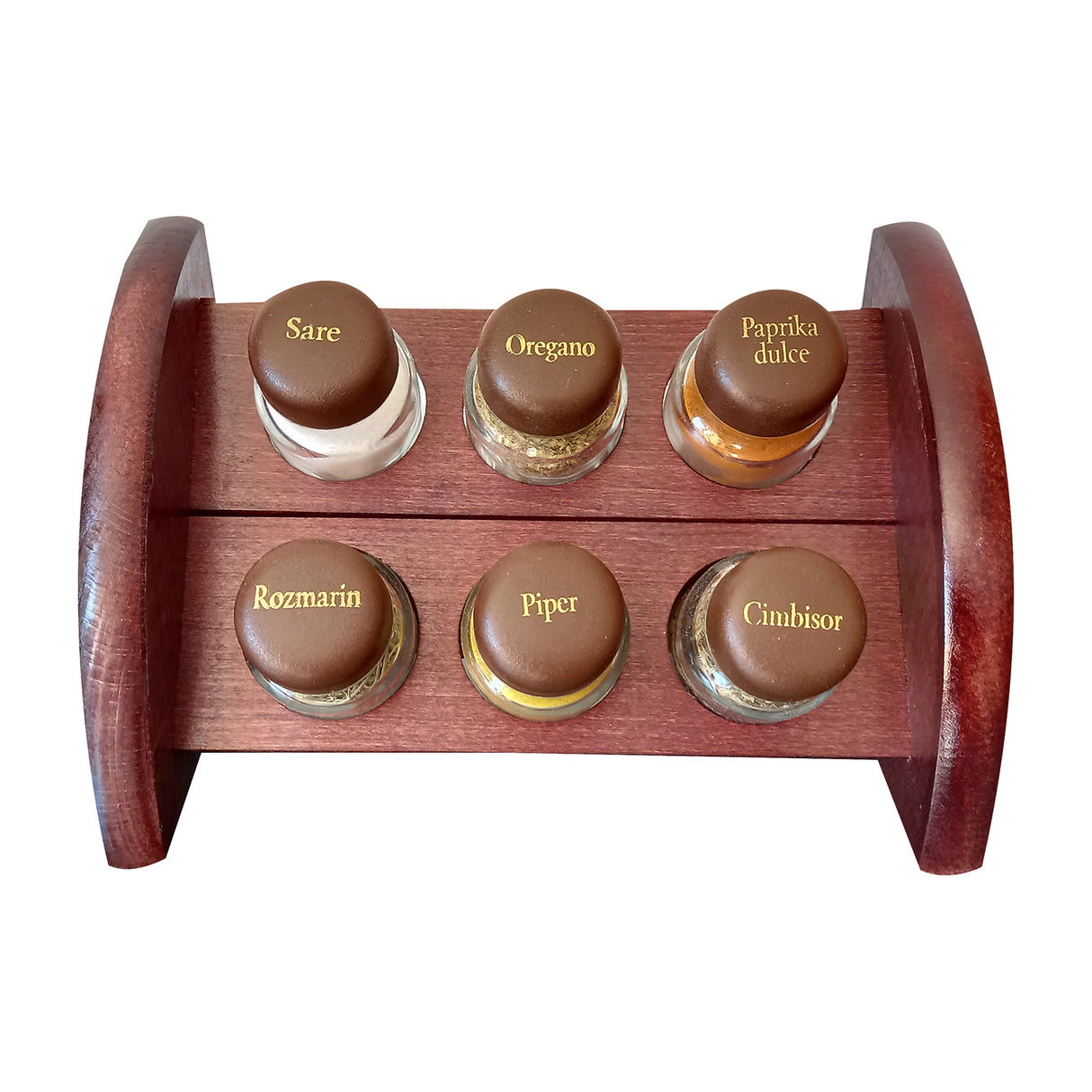 Set 6 Recipiente Condimente, Suport Din Lemn, Maro Inchis, 22x12 cm