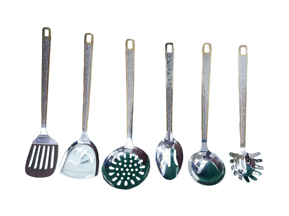 Set bucatarie, 6 ustensile cu suport din inox , lingura, paleta, polonic, lingura paste, spumiera, gatit