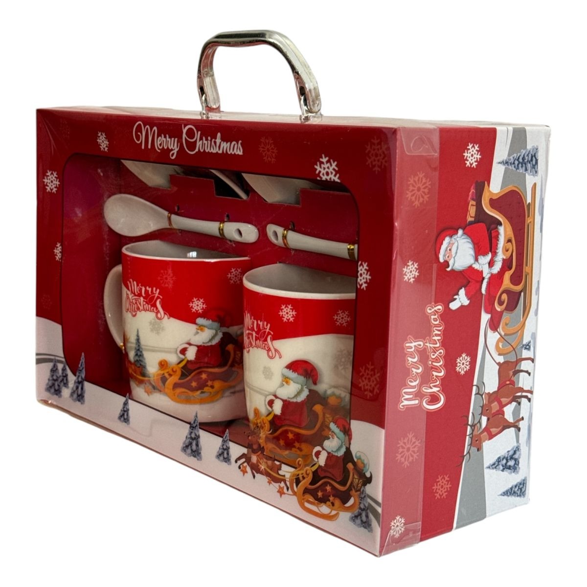 Set 2 cani ceramica Mos Craciun, lingurite de ceramica si farfuriute, in cutie cadou , 300 ml