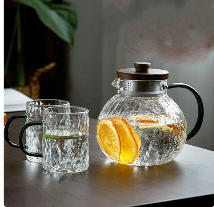 Set Ceainic cu Capac Lemn 1.4 litri si 2 Cani din Sticla Rezistenta 300 ml