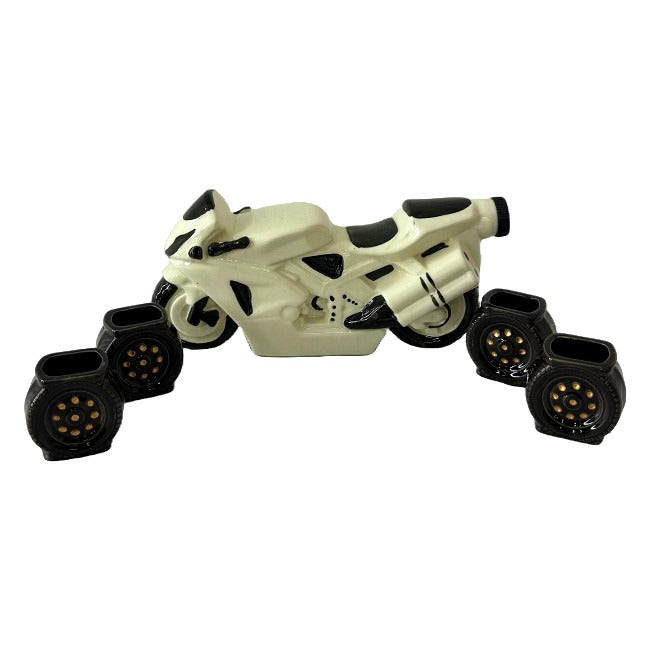 Set ceramica pentru bautura, in forma de Motocicleta 500 ml cu 4 pahare , 25 ml