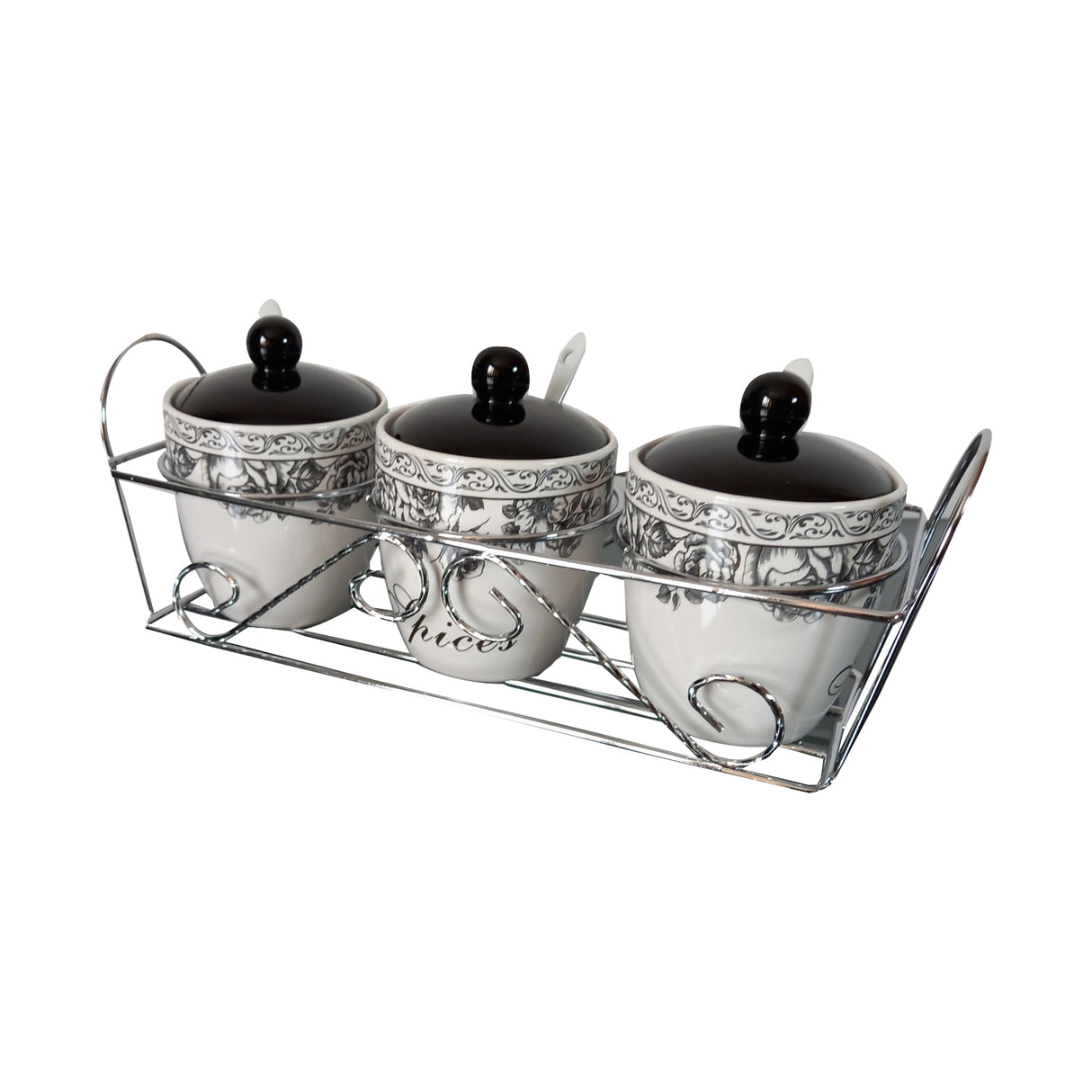 Set pentru Bucatarie - 4 piese Oliviera Ceramica cu suport Metalic si 3 recipiente condimente, Ceramica