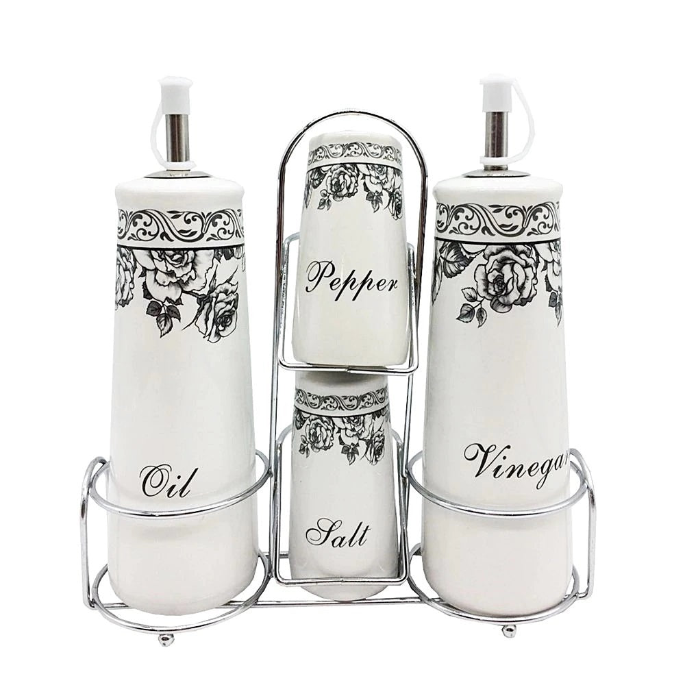 Set pentru Bucatarie - 4 piese Oliviera Ceramica cu suport Metalic si 3 recipiente condimente, Ceramica