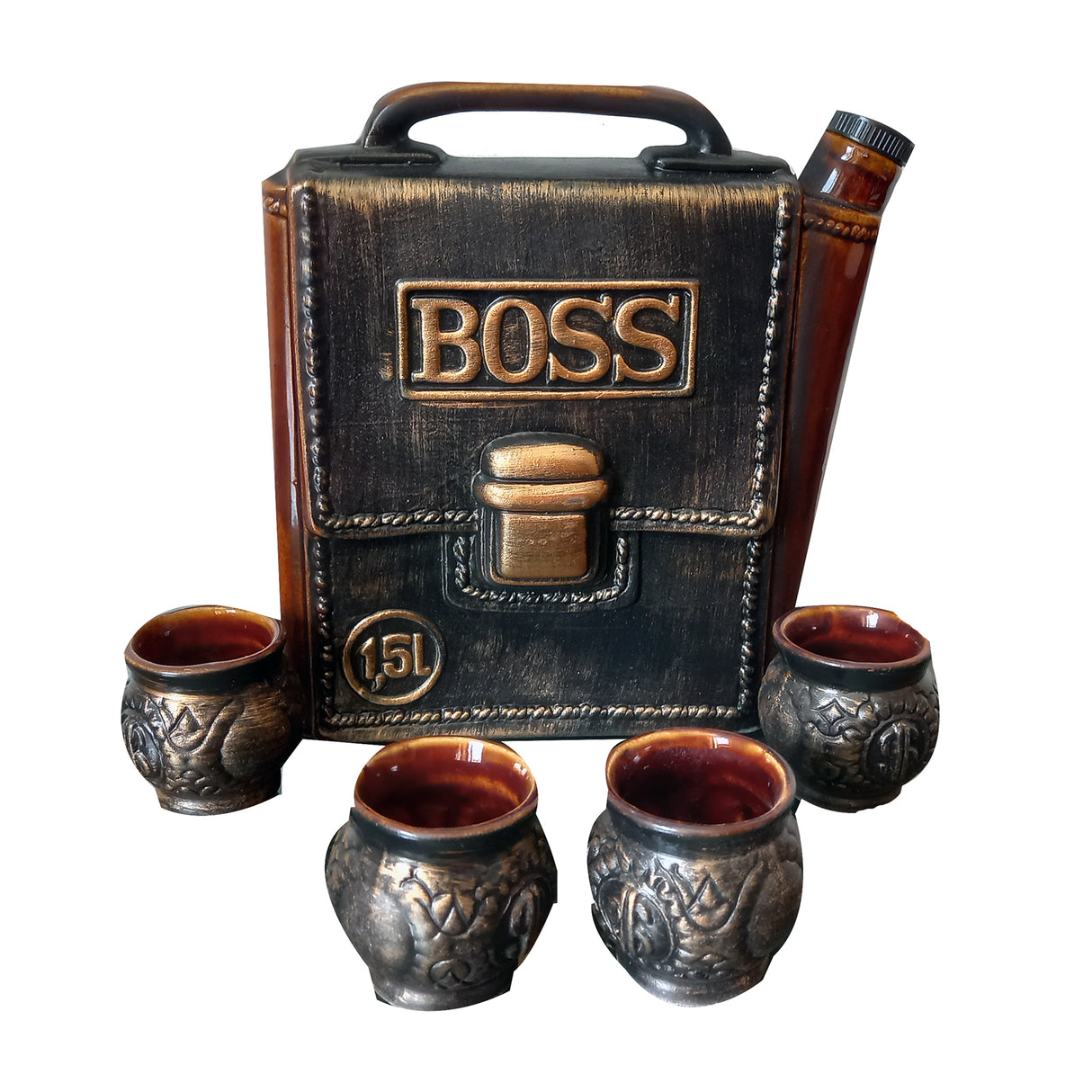 Set pentru servirea bauturiolor, Sticla Geanta Boss 1.5 l cu 4 pahare 100 ml, Ceramica