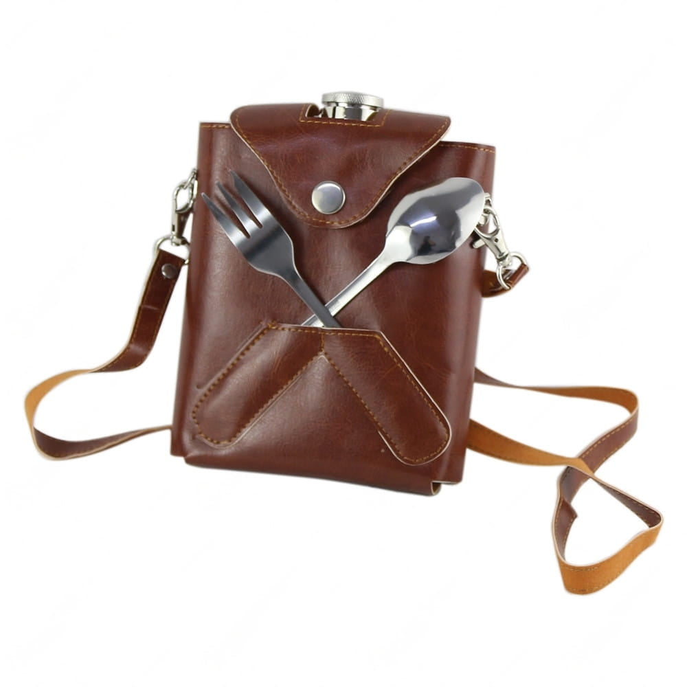 Set Plosca, cu Tacam si Toc tip Gentuta, 500 ml, Maro, Metal si Piele Ecologica