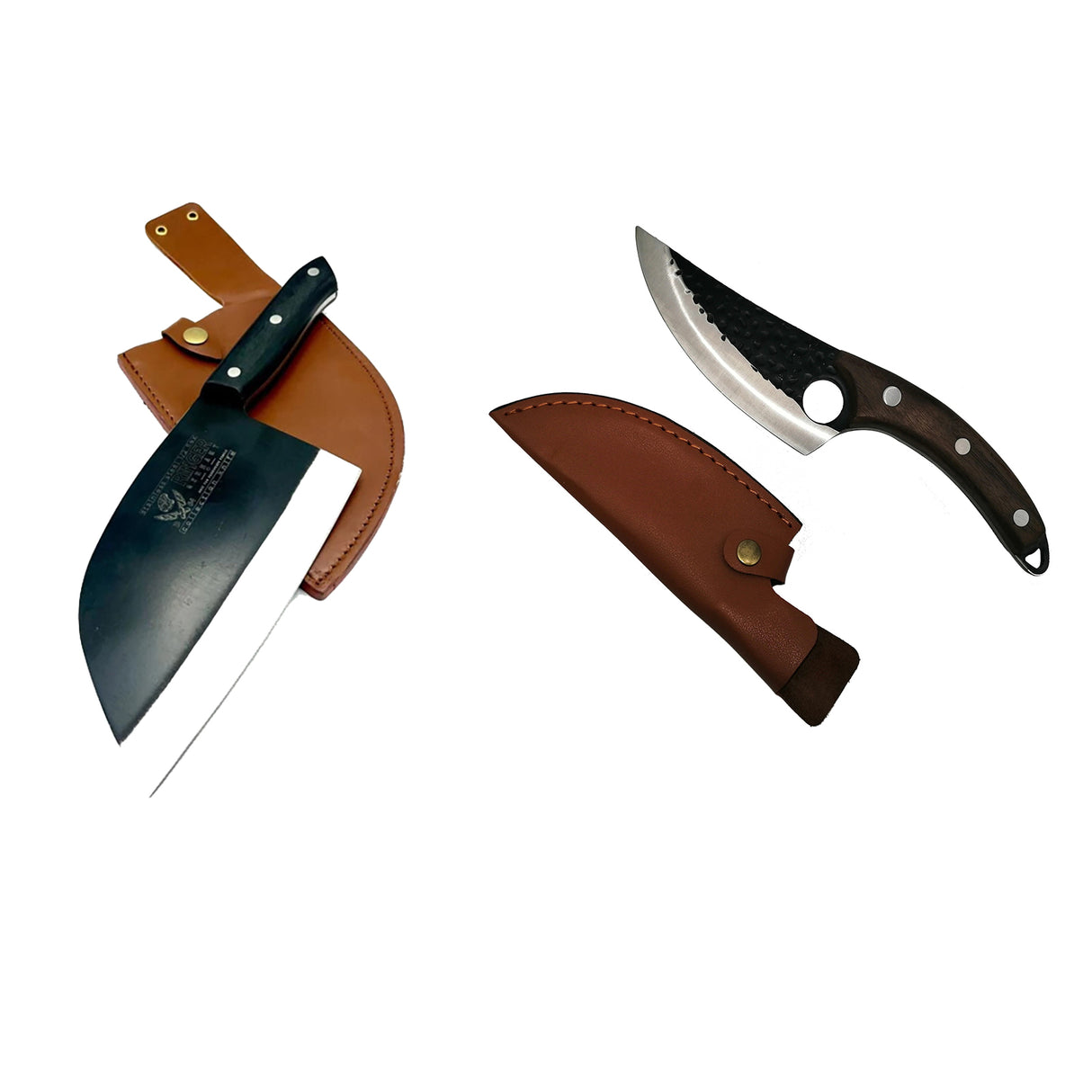 Set - Satar Forjat Manual, Otel Inoxidabil, Maner Lemn, Teaca din piele ecologica, 29 cm si Cutit-Satar, Forjat Manual, Otel Inoxidabil, 27 cm, Maner Lemn Maro, Husa Piele Ecologica