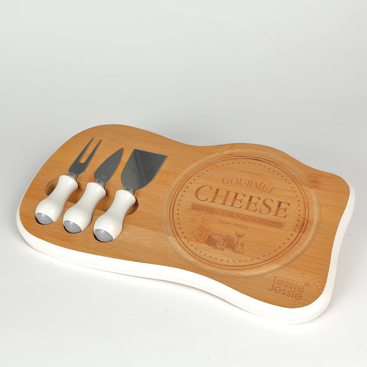 Set tocator din Lemn cu 3 ustensile pentru Branzeturi, 32x22 cm