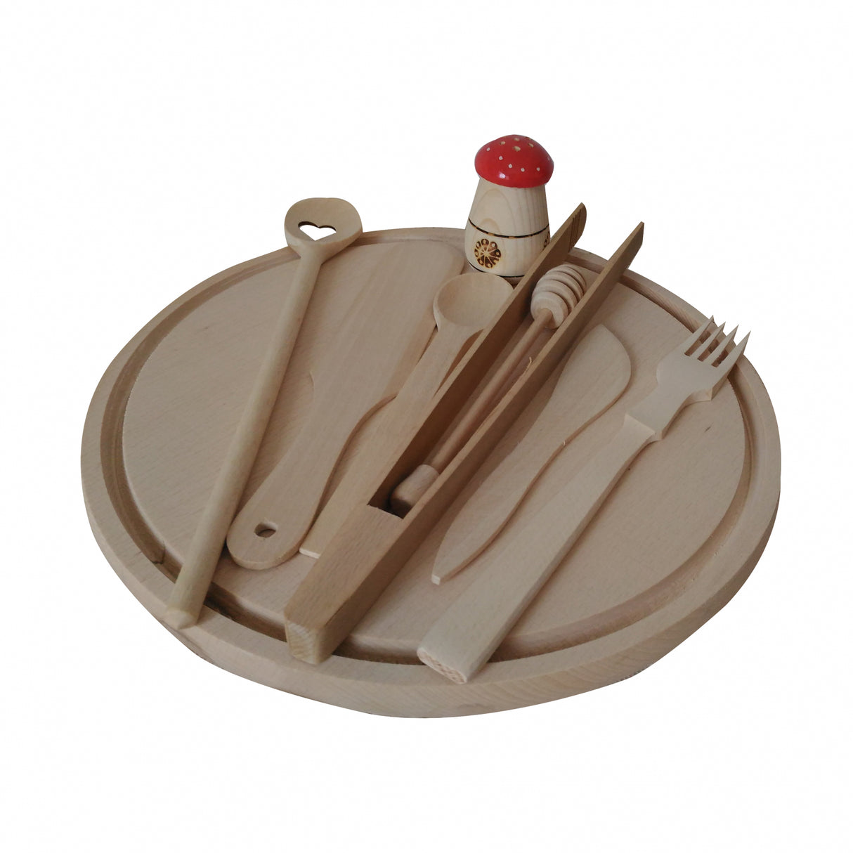 Set Tocator rotund cu 8 ustensile de Bucatarie din Lemn, 30 cm