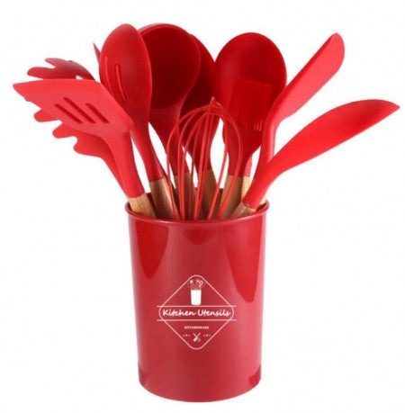 Set 12 ustensile din silicon pentru gatit cu maner din bambus rezistent