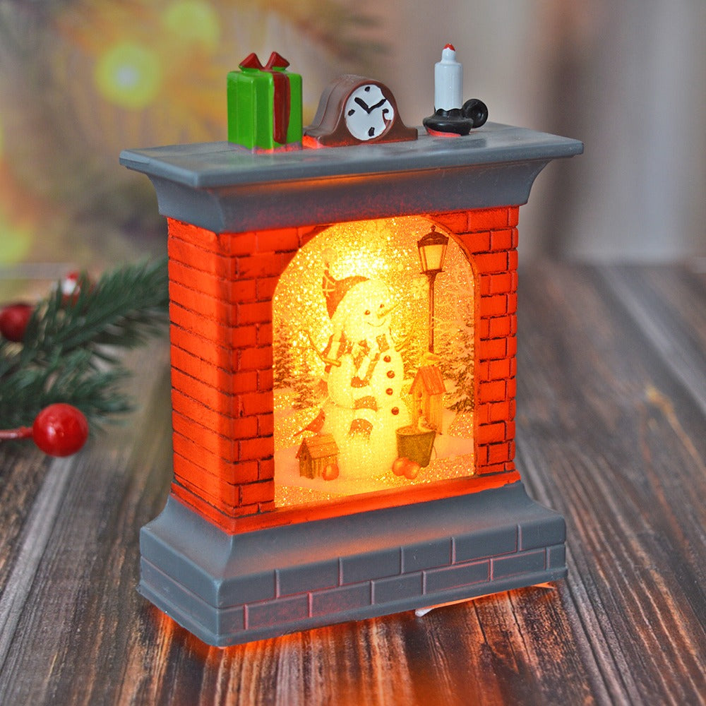 Ornament de Craciun, mini semineu cu led colorat , 11 cm