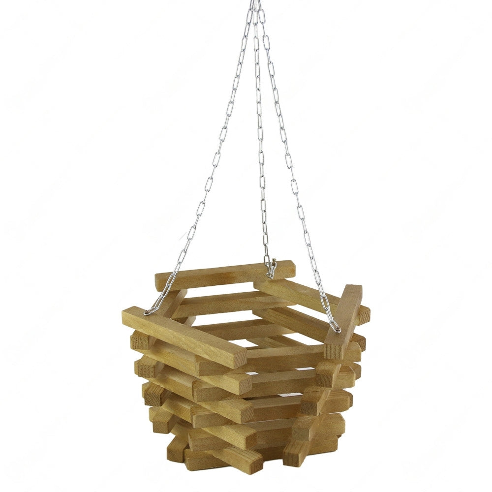 Suport flori suspendat cu lant, din lemn, Hexagonal, 30x25 cm