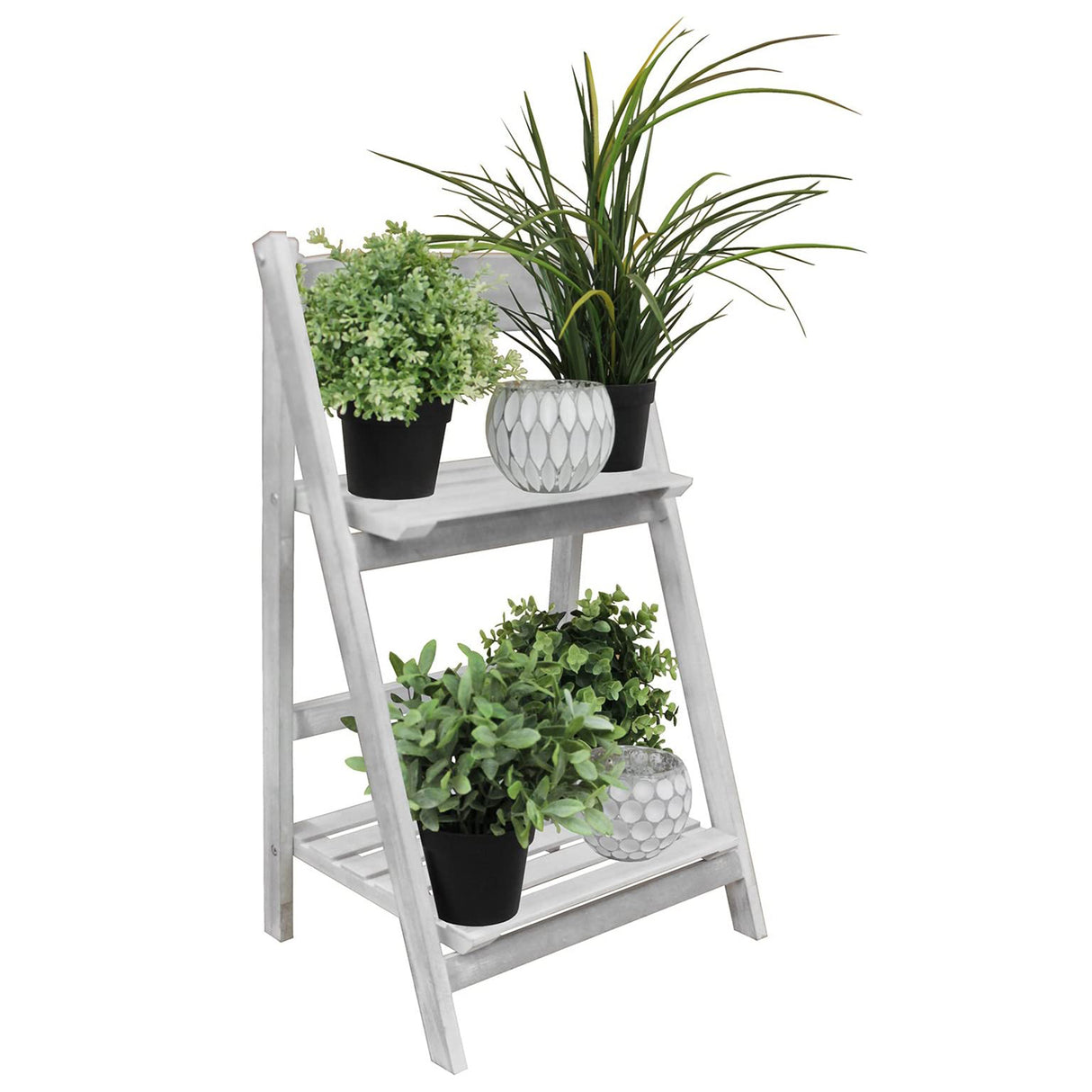 Suport pentru Flori in forma de Scarita cu 2 rafturi, Lemn, Alb, 41x32x67 cm