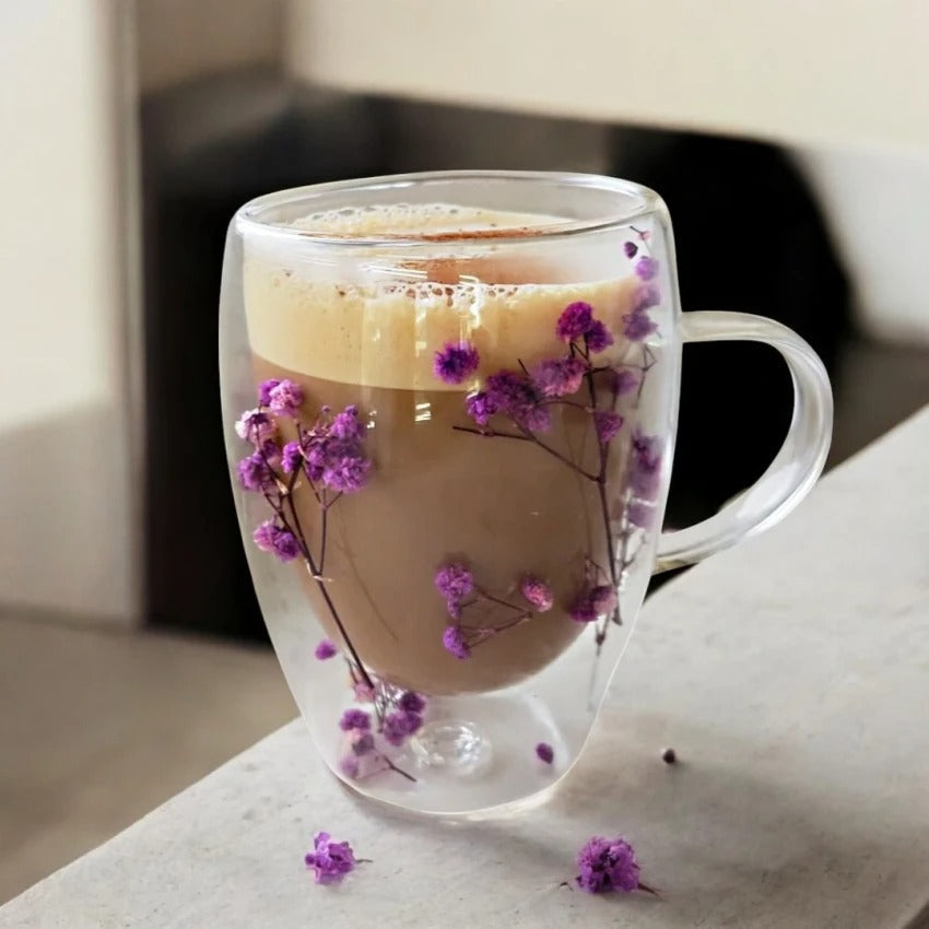 Set 2 Cani cu Pereti Dubli din sticla termorezistenta , Flori Multicolore 350 ml