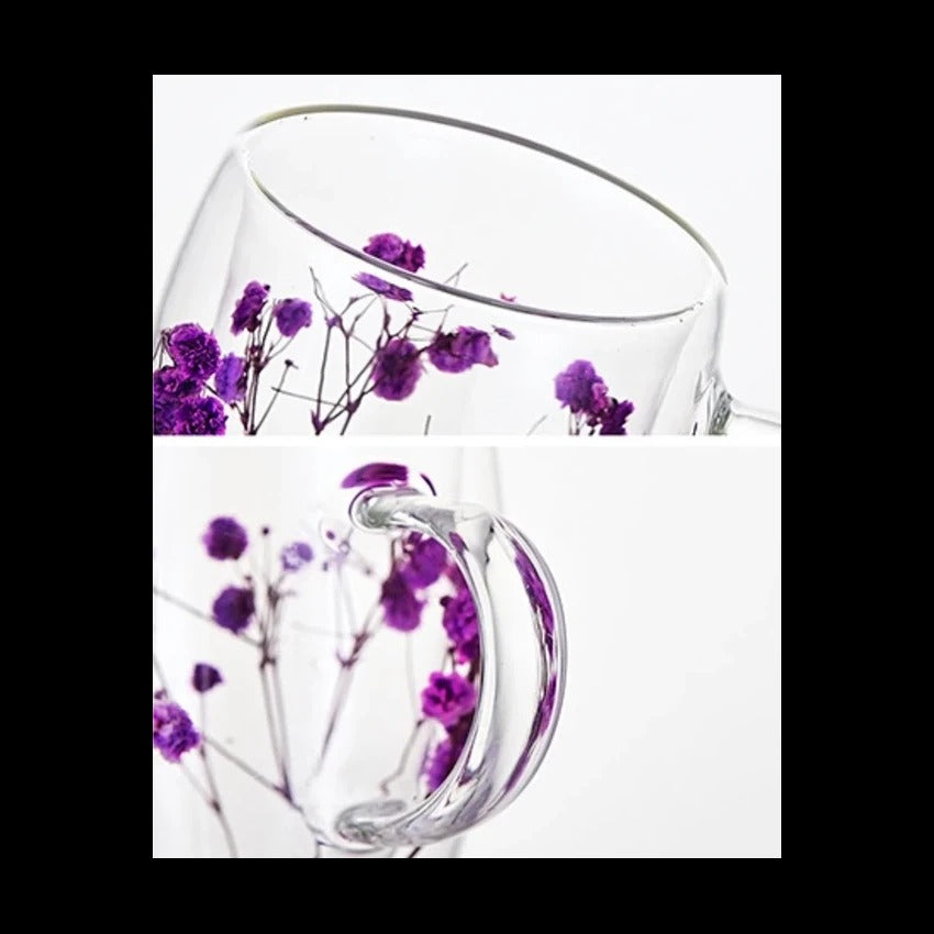 Set 2 Cani cu Pereti Dubli din sticla termorezistenta , Flori Multicolore 350 ml si 2 Lingurite Aurii