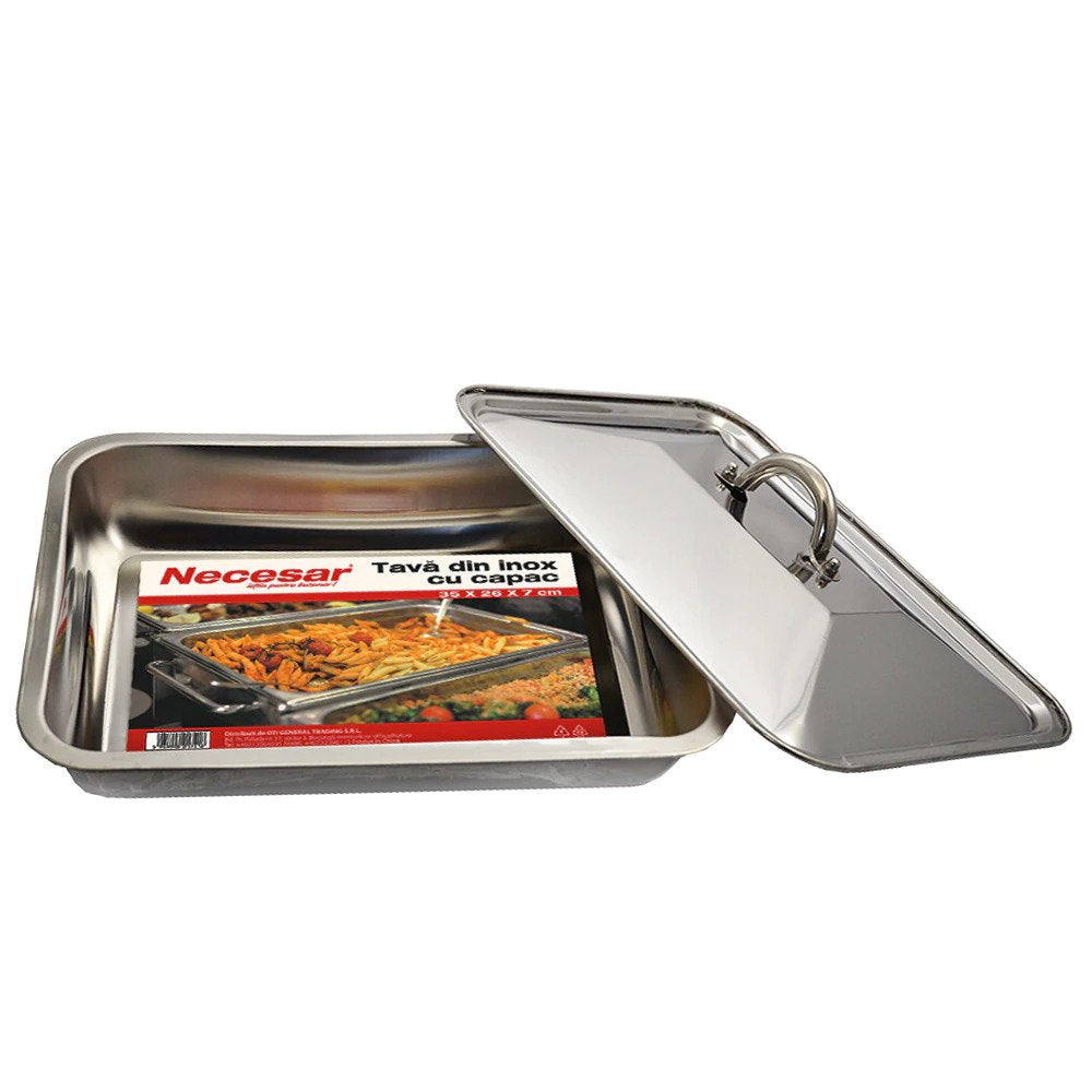 Tava din inox cu capac, 35x26x7 cm OTI, bucatarie, cuptor, gatit, capac, tava, aperitive, garnituri, depozitare alimente