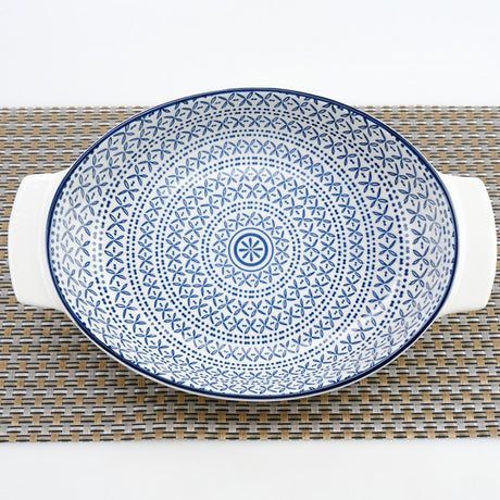 Tava ovala pentru cuptor cu Manere, Ceramica, Albastru-Alb, 32x21x6,5 cm