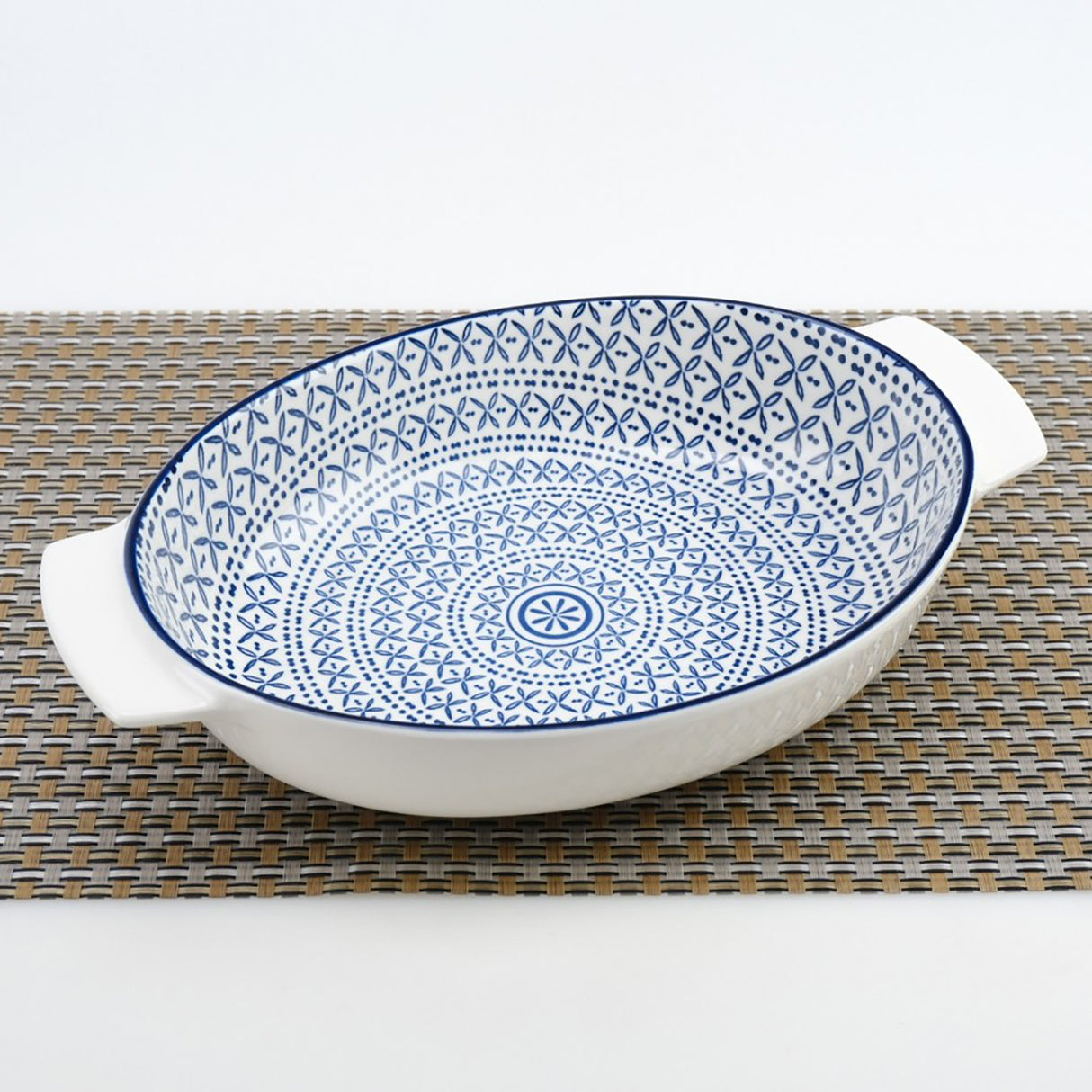 Tava ovala pentru cuptor cu Manere, Ceramica, Albastru-Alb, 32x21x6,5 cm