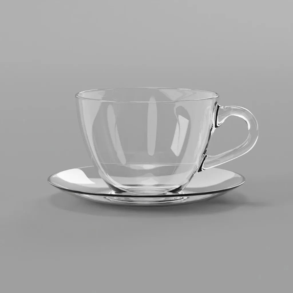 Set 6 Cesti Cafea din Sticla Transparente si Farfurii, Model