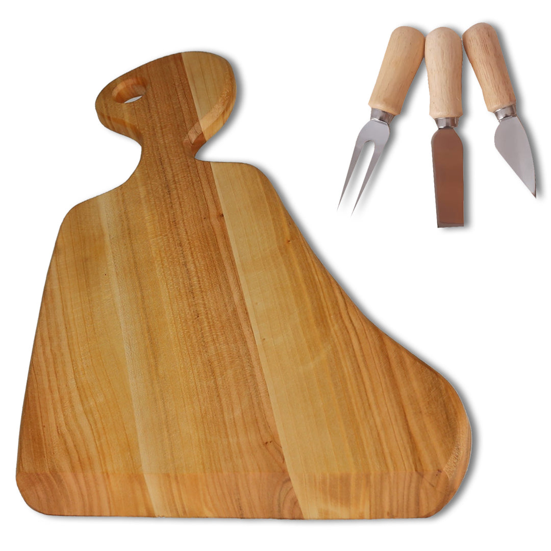 Set Tocator Model Asimetric din Lemn, 43 cm + 3 tacamuri de bucatarie pentru aperitiv din lemn si inox, 13 cm