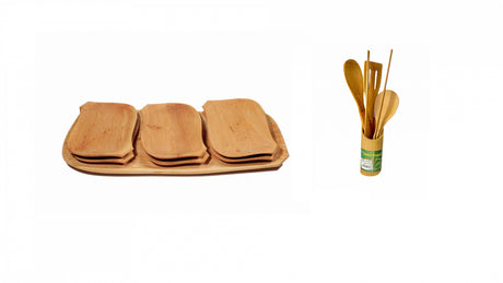 Set 7 Tavi Servire din Lemn, 60x22x3 cm + 5 ustensile din lemn cu suport din lemn inclus, bucatarie, servirea mesei, platou