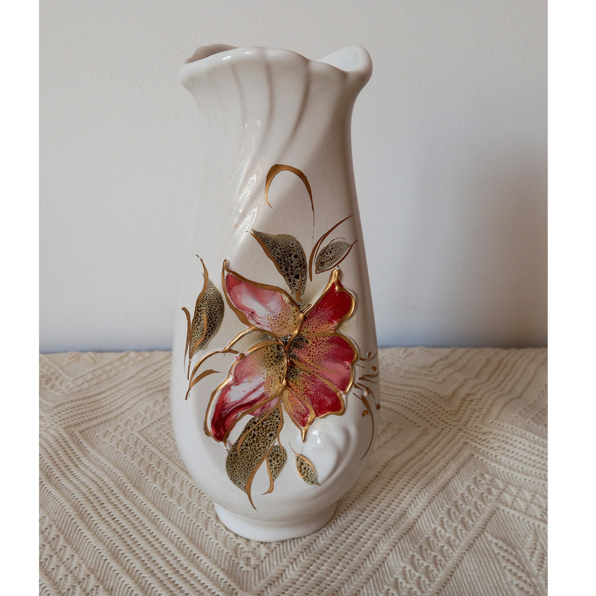 Vaza Decorativa, Ceramica, Model cu Flori, Alba, 900 ml, 22x7 cm