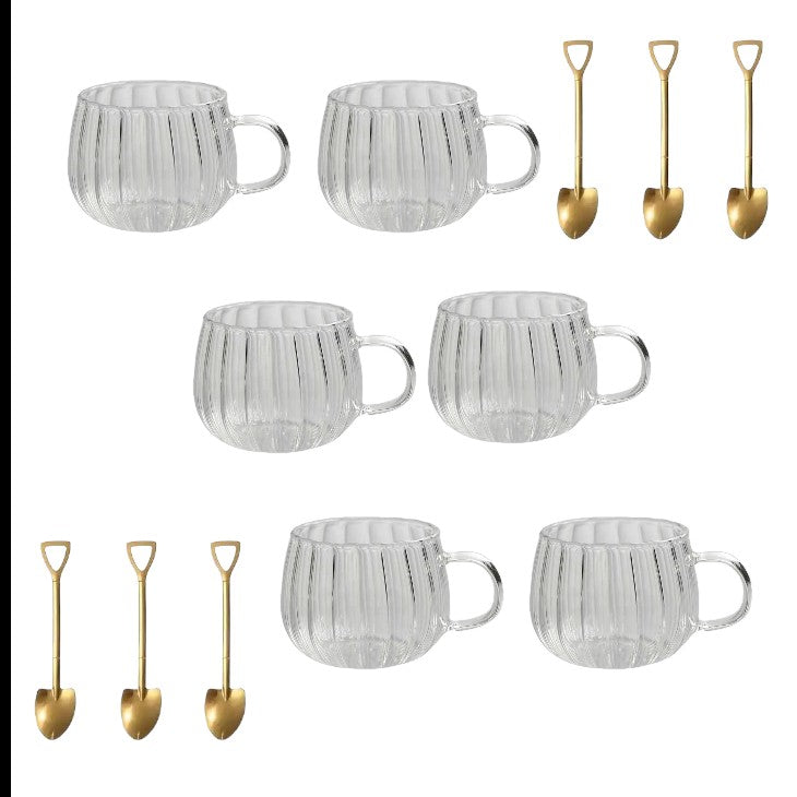 Set 6 Cani sticla, 350 ml, Transparent, Model cu dungi cu 6 Lingurite Aurii