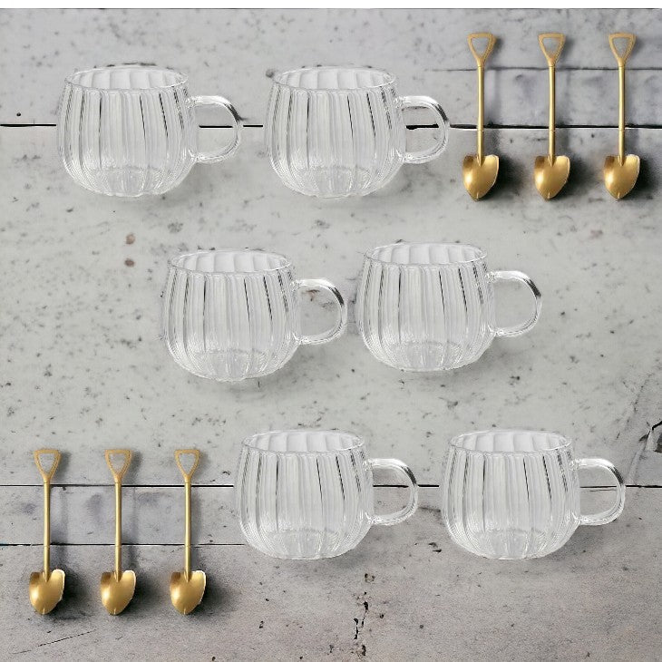 Set 6 Cani sticla, 350 ml, Transparent, Model cu dungi cu 6 Lingurite Aurii