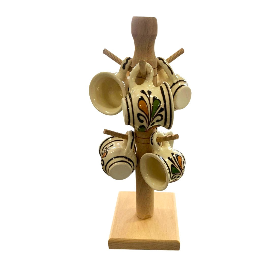 Set 6 Cesti traditionale pictate din ceramica, 50 ml pe suport patrat din lemn